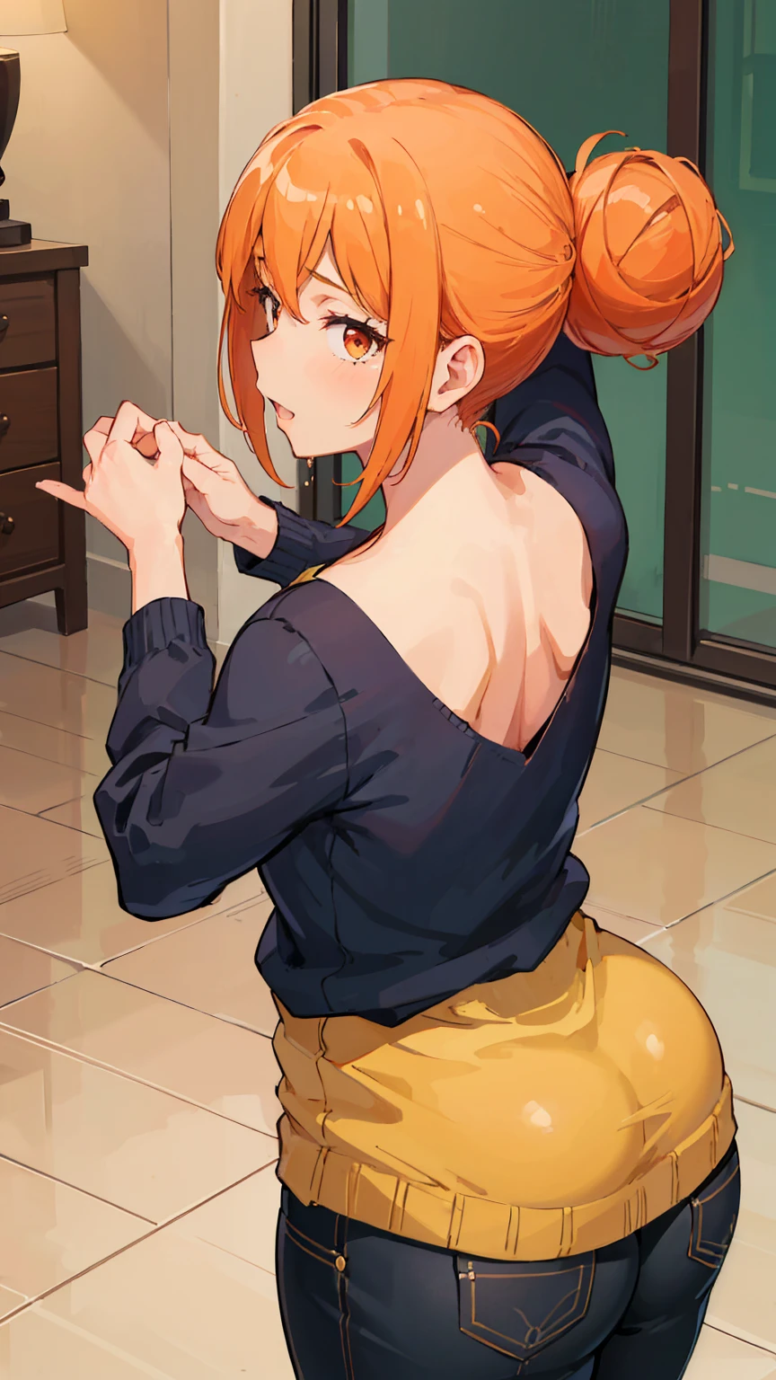 (Highest quality, 8k, masterpiece :1.3),Mrs. Yuigahama,ガハMom, As I expected, my youth romantic comedy is wrong。, One woman,Bun Hair,30 years old,Mom,Orange Hair,orgasm,Sexy pose,back,Big Ass,