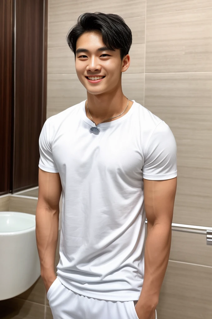 single: 1.5, (ที่TRUEแล้ว, Masterpiece, 8k HD, good light quality, sportswear, to fit the face, complicated details), A handsome Korean man with muscular arms.. , 20 years old, be happy, smile brightly, detailed face, delicate eyes, look at the sky, Wear a tight white t-shirt.:1.6 ., black eyes, Black hair color, ผมsmooth, smooth，SurTRUE，Excellent details，Highest quality，TRUE，Open your mouth to talk.. , Close your eyes.., (standing in the bathroom:1.5)