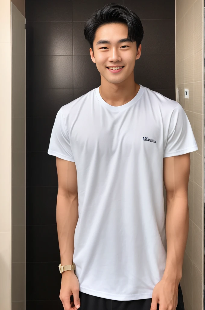 single: 1.5, (ที่TRUEแล้ว, Masterpiece, 8k HD, good light quality, sportswear, to fit the face, complicated details), A handsome Korean man with muscular arms.. , 20 years old, be happy, smile brightly, detailed face, delicate eyes, look at the sky, Wear a tight white t-shirt.:1.6 ., black eyes, Black hair color, ผมsmooth, smooth，SurTRUE，Excellent details，Highest quality，TRUE，Open your mouth to talk.. , Close your eyes.., (standing in the bathroom:1.5)