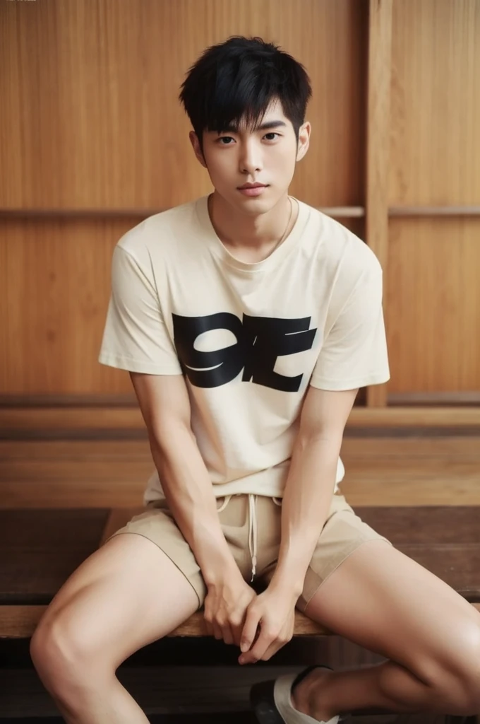 ((Full body)), (Hairy legs), (Ultra-sharp focus), Hairy legs, Toned Legs, Two Block, Messy short hair, Long legs, Japan Male, Age 27, Wearing beige shorts, Wearing a black T-shirt, Very short hair, Black Hair