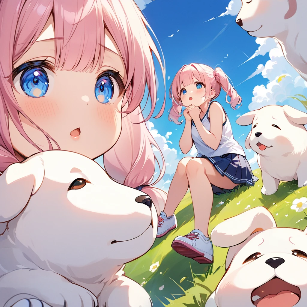 Highest quality、High resolution、Detailed Background、Beautiful face in every detail、Anatomically correct、Detailed facial expressions、fine grain、((full body, from below, side view, looking away:1.2)), ((One Girl))、Chibi Girl、break　Cute hair color、Big beautiful blue eyes、Braided twin tails、plump lips、Pink Lips、Slightly open mouth、Elementary school, (Tank top、Ｖneck、mini skirt、Cute Shoes)、break　I'm a little scared、I have a lot of tears in my eyes、An expression that looks like it's about to cry、grassland、((Lying face down、Rest your chin on your hands and bend your knees))、((With a giant white puppy))、Eyes close up、