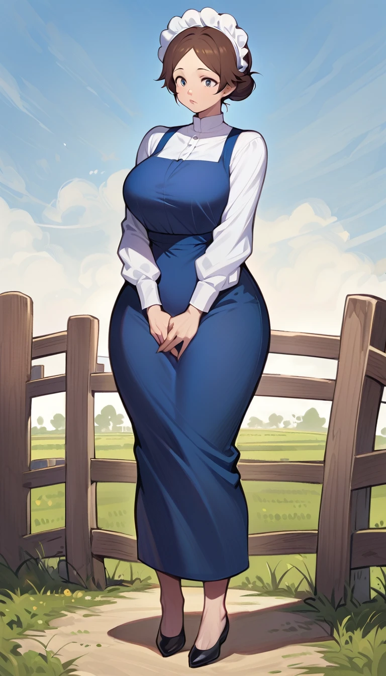 adult amish woman, 40 years old, pale skin, long sleeved blue dress, small black apron over her  blue dress, full body shown, very short brown hair in a conservative sleek bun, white bonnet kapp, wide hips, thick thighs, wearing simple black flats, thick legs, slightly below the knee dress, slight face wrinkles, tight sleeves, standing upright in a farm field, no makeup, round face, hands on lap, side view, aged face, busty, hourglass body figure, rosy cheeks