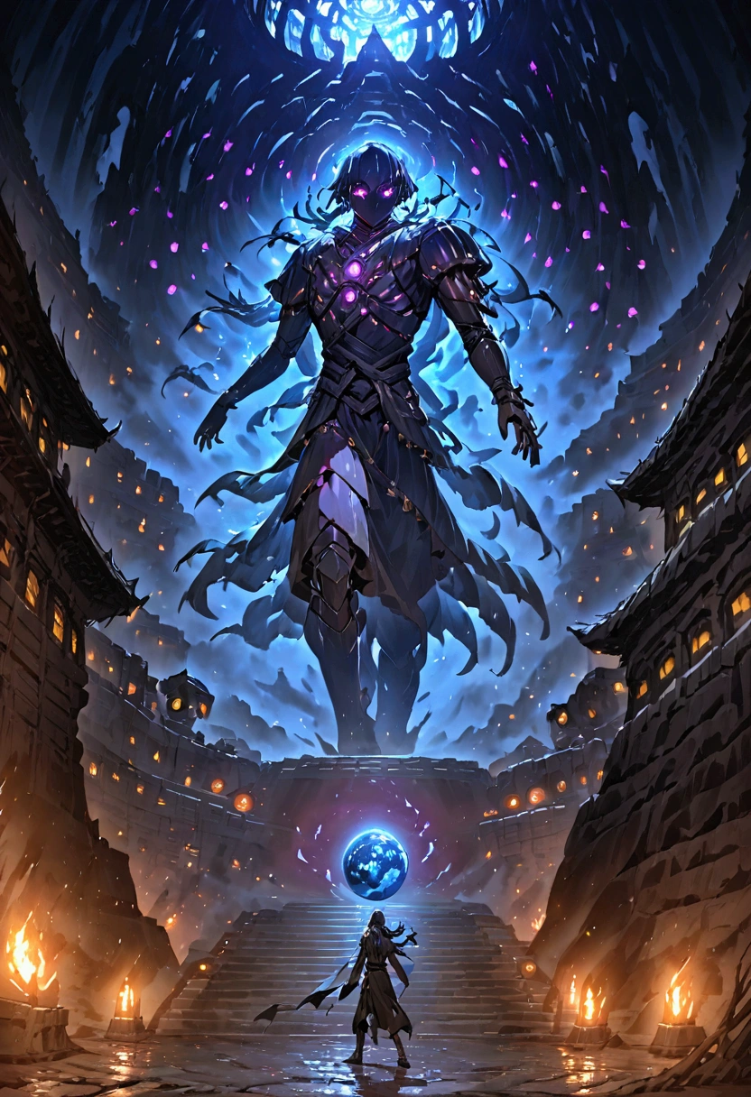 A sphere made of abyssal energy, purple with dark blue, inside a giant statue of a robot, with the background of a room inside an underground temple