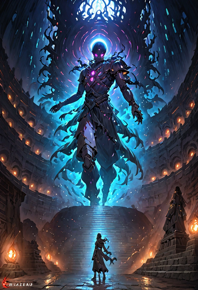 A sphere made of abyssal energy, purple with dark blue, inside a giant statue of a robot, with the background of a room inside an underground temple