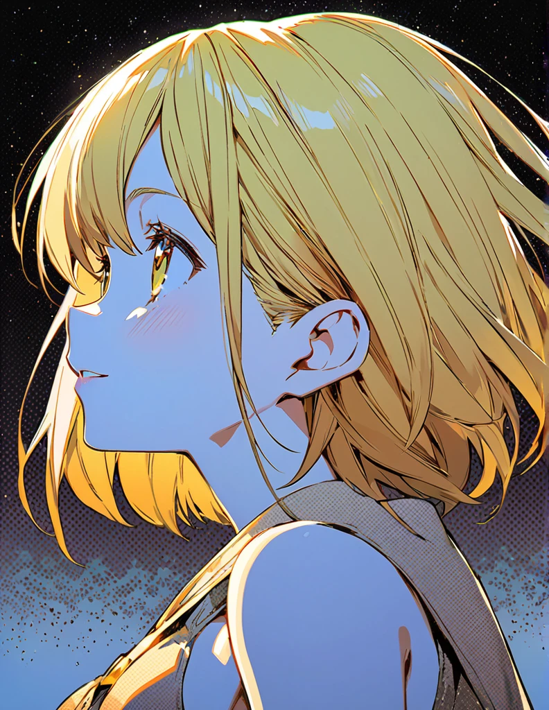 Profile of a cheerful blonde short-haired girl, side boob exposed Screentone processing Looking up at the moon Shaded painting style