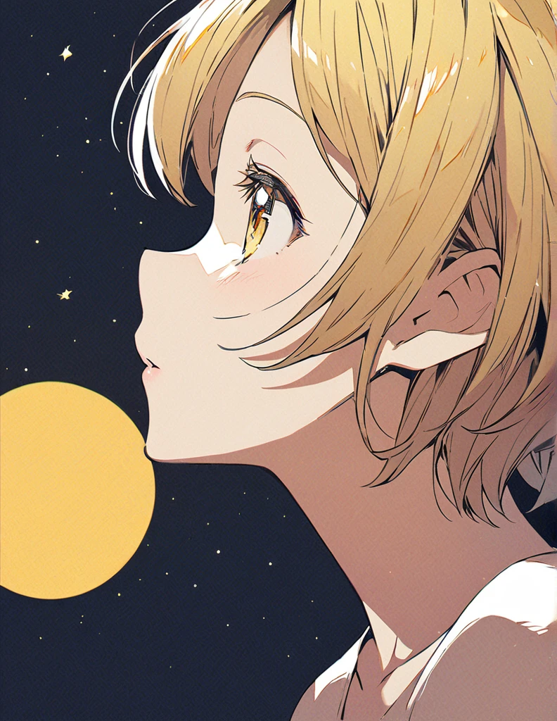 Profile of a cheerful blonde short-haired girl, side boob exposed Screentone processing Looking up at the moon Shaded painting style