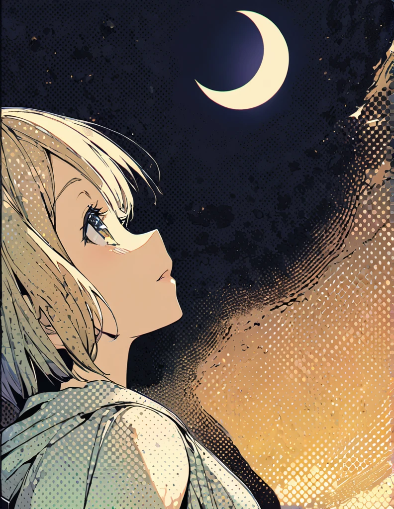 Profile of a cheerful blonde short-haired girl, side boob exposed Screentone processing Looking up at the moon Shaded painting style