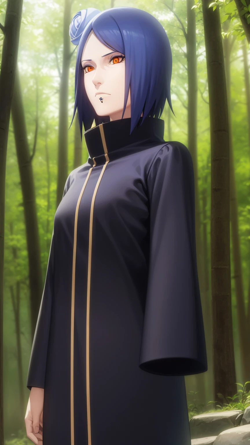 The Woman, The Woman, short hair, hair ornaments, Blue Hair, flower, hair flower, (Orange eyes:1.2), (Labret Piercing), eye shadow,
break coat, Cape, Black coat, black Cape, (dawn uniform:1.5), dawn \(naruto\),
break outdoors, forest, nature, null, cloud, sun,
break looking at viewer, (Cowboy Shot:1.5),
break (masterpiece:1.2), Highest quality, High resolution, unity 8k wallpaper, (figure:0.8), (Beautiful attention to detail:1.6), Highly detailed face, Perfect lighting, Highly detailed CG, (Perfect hands, Perfect Anatomy),