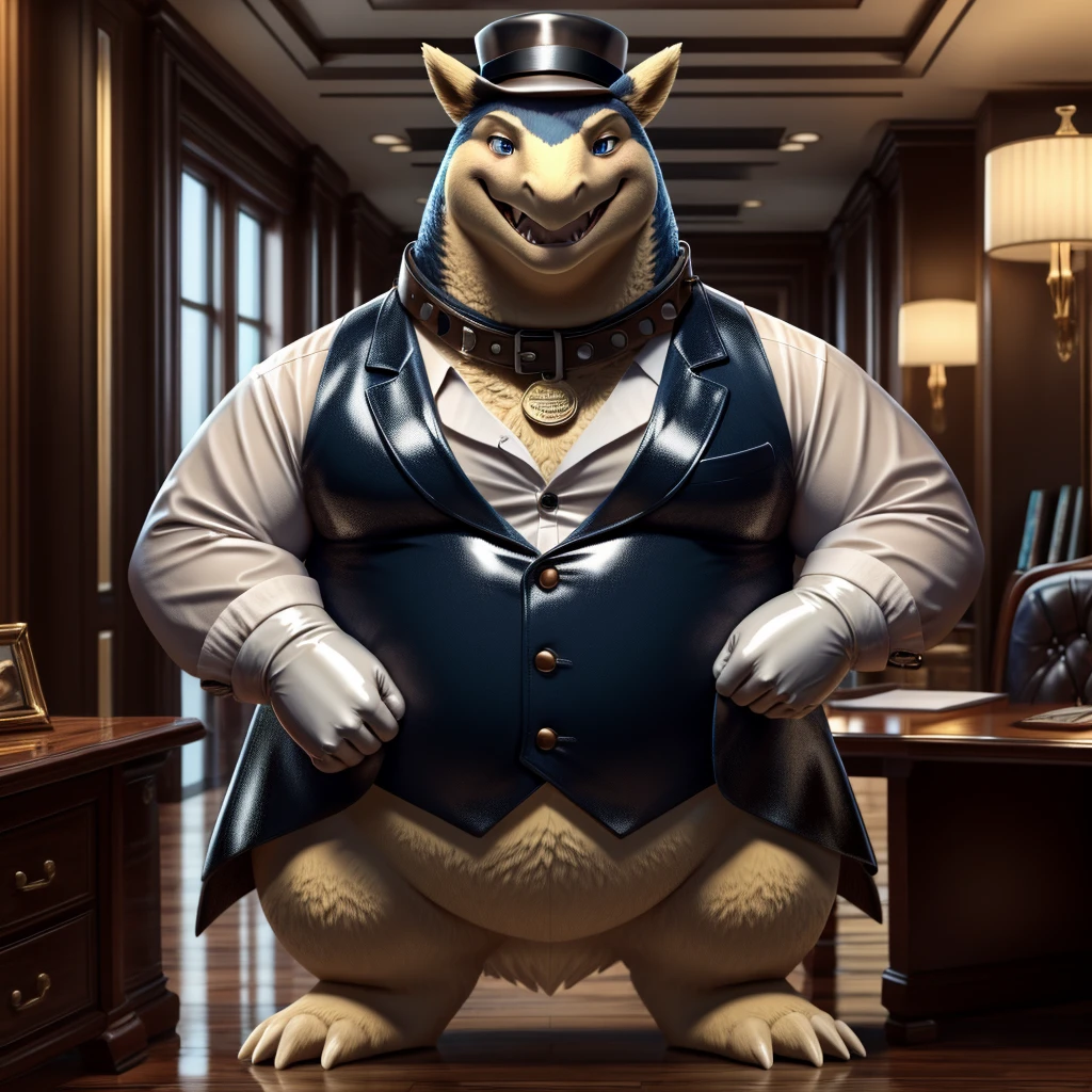 Solo, Male, fat, extremely obese, gentleman, dapper Professor Typhlosion, mob boss, blue eyes, (posing:1.3), (soft shading), 4k, hi res, ((detailed face, detailed)), looking at viewer, mouth wide open, dapper clothing, collared shirt with buttons, bowler hat, male focus, Explorer Outfit, glasses, monocle, vest with buttons, sleeves rolled up, round eyewear, brown headwear, brown vest, office, Typhlosion is wearing a glossy leather dog collar around the neck, Typhlosion is wearing the leather collar and shirt and vest at the same time, Typhlosion is wearing glossy white rubber gloves on the hands, wearing white rubber gloves on the feet, gloves are rubber in texture, clenching teeth, clenching fists, leather collar is glossy and shiny with a lot of detail, Typhlosion is wearing gloves and leather collar at the same time, leather collar has a round dog-tag, leather collar is thick and detailed, leather collar is glossy and shiny, fancy clothing, dapper vest, dapper shirt, leather collar is thick, glossy leather collar.