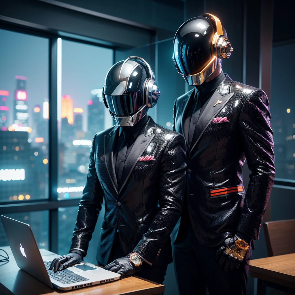realistic,detailed,hyper detailed,photorealistic,8k,highly detailed,intricate,sharp focus,ultra-detailed,masterpiece,cinematic lighting,dramatic lighting,volumetric lighting,chiaroscuro lighting,beautiful lighting,warm lighting,soft lighting,dramatic atmosphere,cinematic atmosphere,detailed environment,detailed background,panoramic view,rooftop scene,cityscape,futuristic city,daft punk-esque,two businessmen using smartphones,one using laptop,high angle view,dynamic composition,vibrant colors,neon colors,cool color palette, only fan modèle, instagram, mym, only fan, twitter