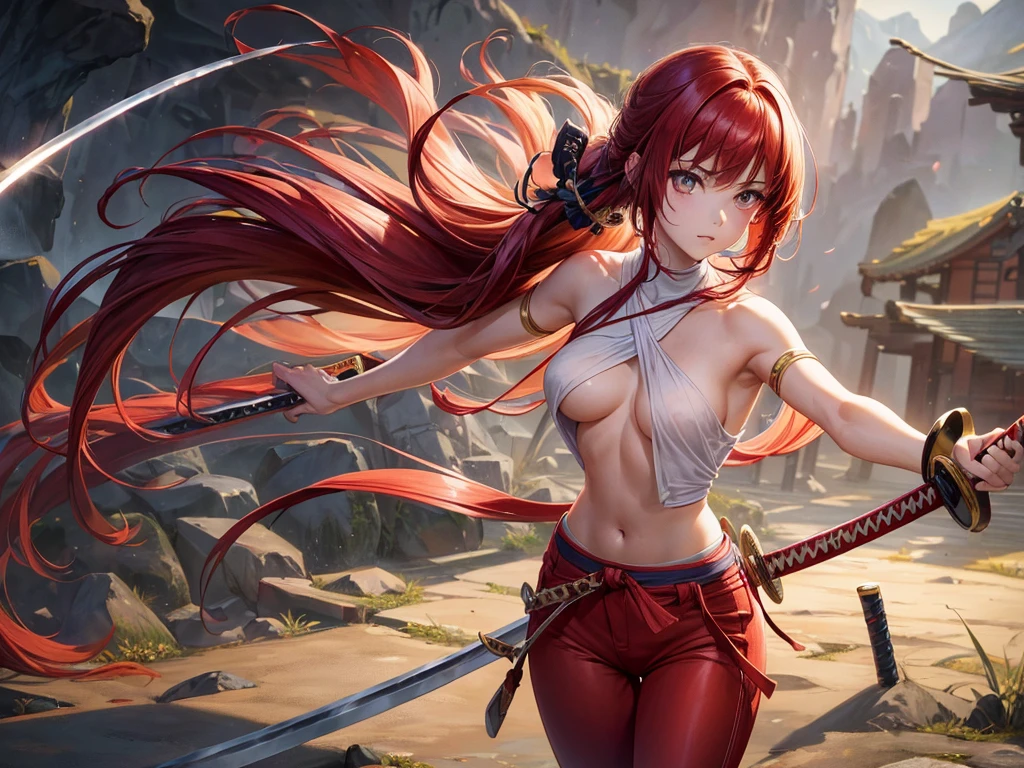 (((depic young girll))), (((top-quality, masterpiece))), 4k, HD, one girl, long hair, red hair, straight hair, poney tail, nice hips, (Masterpiece, Excellent, complex details), delicate girl, delicate face, sassy, white ribbons, one eye hide by hair, brown eyes, clavicle, (((breasts sarashi))), bandage, bare arms, diaphragme, (((red pants))), standing, fighting with grace, ((holding katana sword in hand)), outside, atmosphere of feudal Japan