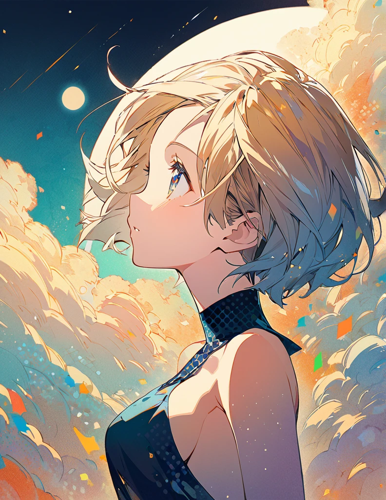 Profile of a cheerful blonde short-haired girl, side boob exposed Screentone processing Looking up at the moon Shaded painting style Abstract Painting