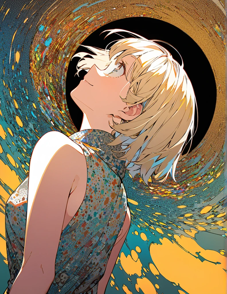 Profile of a cheerful blonde short-haired girl, side boob exposed Screentone processing Looking up at the moon Shaded painting style Abstract Painting