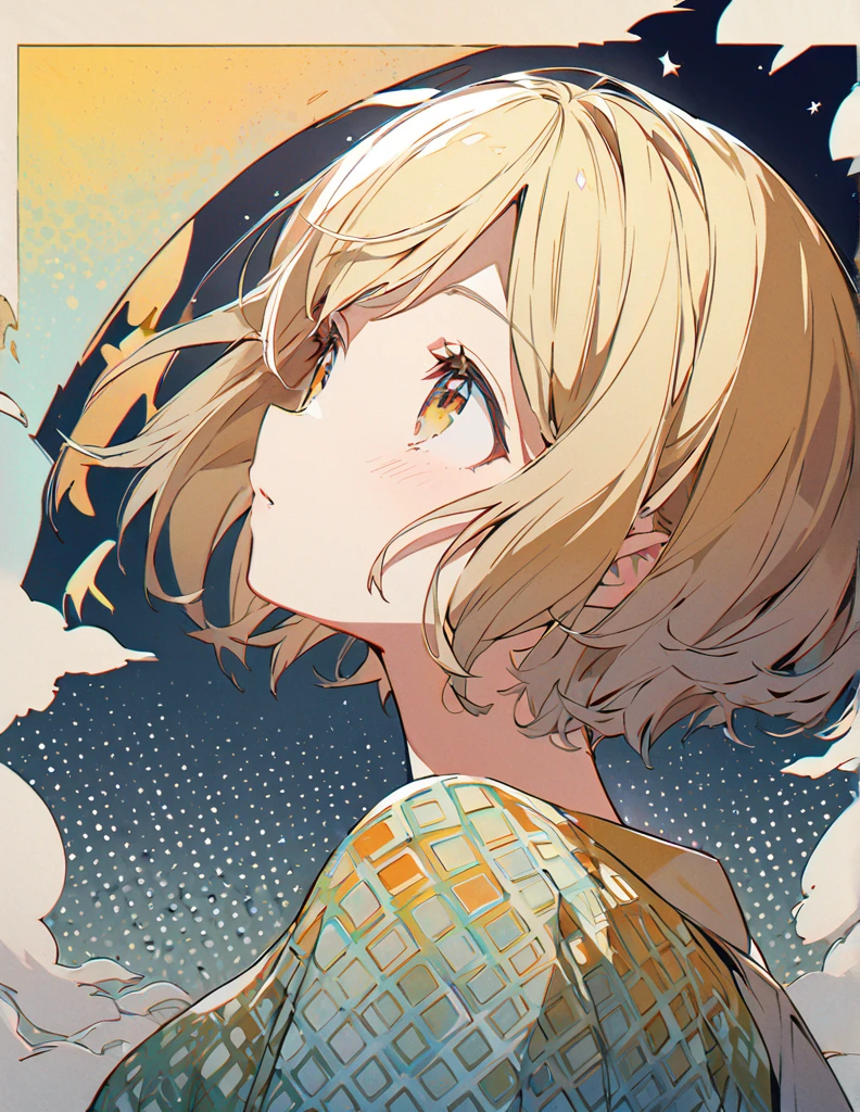 Profile of a cheerful blonde short-haired girl, side boob exposed　Screentone processing　Looking up at the moon　Shaded painting style　Abstract Painting