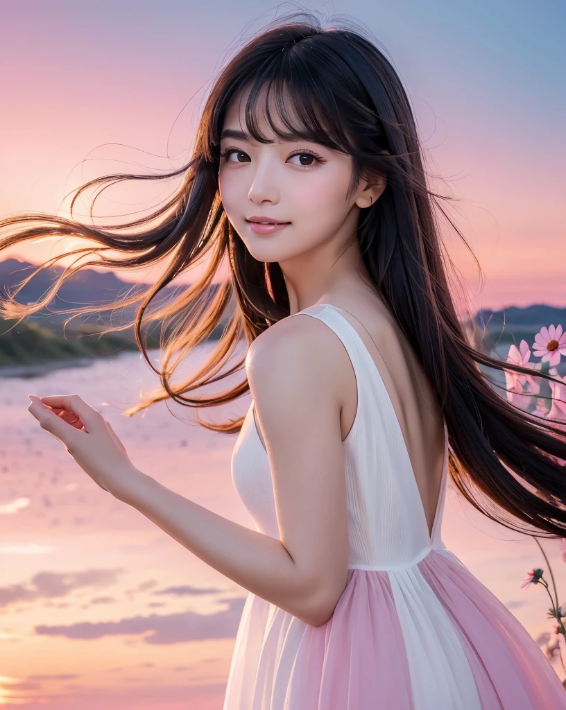 (Highest quality), (32K), (High resolution:1.5), (Masterpiece:1.5), marimo_jet, Beautiful face in every detail, god々A photograph with brilliant dazzling and healing power., Evoking a sense of calm and elusive beauty, Expressing emotions, Have a rich imagination, A flower field that stretches to the horizon, Beautiful Japanese Girls, ((Looking back:1.3)), An exceptionally beautiful face, Small Face Beauty, Perfect Human Anatomy, Magical big eyes, Motherhood and generosity, Deep Love, A fleeting smile, Shiny black hair, Beautiful long hair swaying in the wind, Asymmetrical bangs, Hair between the eyes, Transparent, soft white skin, Sharp eyebrows, Thin lashes, Natural Makeup, Cheek highlighter, Pale pink detailed lips, (White dress:1.4), ((Cosmos fields stretching to the horizon:1.3)), ((Pink Sky:1.3)), Beautifully detailed skies, ((Shining in the morning sunlight)), Professional photographer, Professional Lighting, Professional models, god秘的