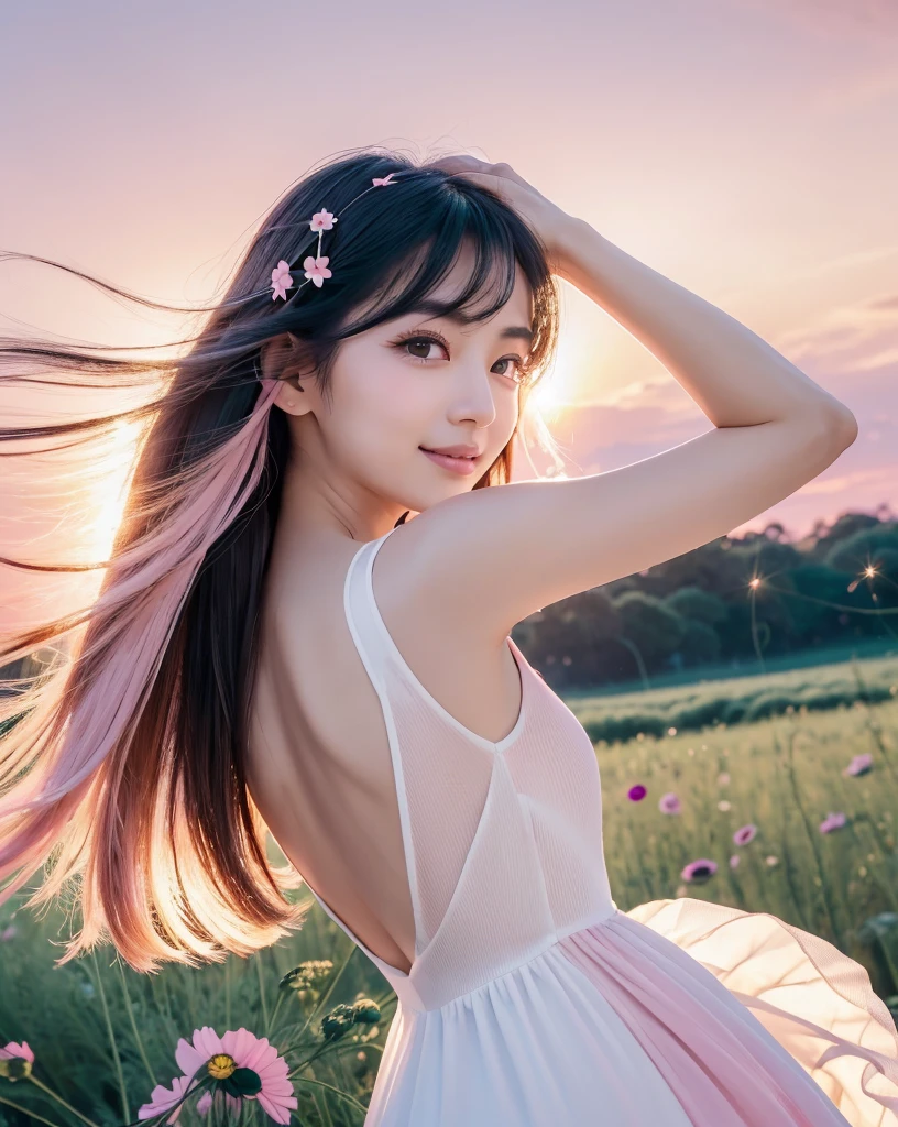 (Highest quality), (32K), (High resolution:1.5), (Masterpiece:1.5), marimo_jet, Beautiful face in every detail, god々A photograph with brilliant dazzling and healing power., Evoking a sense of calm and elusive beauty, Expressing emotions, Have a rich imagination, A flower field that stretches to the horizon, Beautiful Japanese Girls, ((Looking back:1.3)), An exceptionally beautiful face, Small Face Beauty, Perfect Human Anatomy, Magical big eyes, Motherhood and generosity, Deep Love, A fleeting smile, Shiny black hair, Beautiful long hair swaying in the wind, Asymmetrical bangs, Hair between the eyes, Transparent, soft white skin, Sharp eyebrows, Thin lashes, Natural Makeup, Cheek highlighter, Pale pink detailed lips, (White dress:1.4), ((Cosmos fields stretching to the horizon:1.3)), ((Pink Sky:1.3)), Beautifully detailed skies, ((Shining in the morning sunlight)), Professional photographer, Professional Lighting, Professional models, god秘的