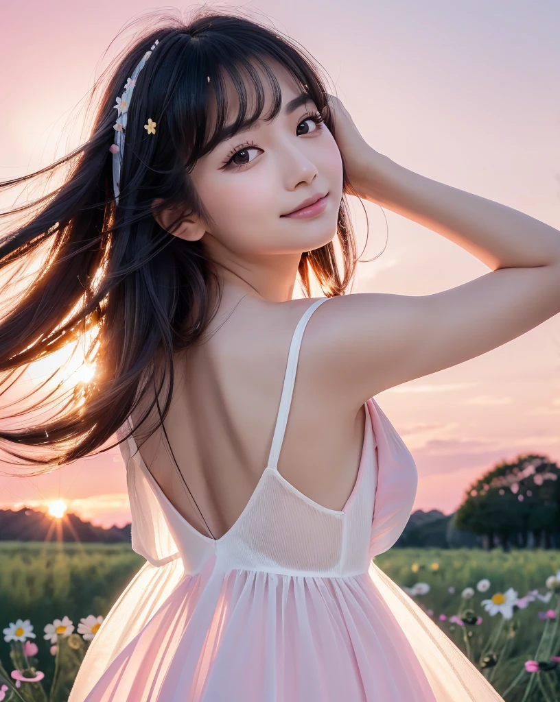 (Highest quality), (32K), (High resolution:1.5), (Masterpiece:1.5), marimo_jet, Beautiful face in every detail, god々A photograph with brilliant dazzling and healing power., Evoking a sense of calm and elusive beauty, Expressing emotions, Have a rich imagination, A flower field that stretches to the horizon, Beautiful Japanese Girls, ((Looking back:1.3)), An exceptionally beautiful face, Small Face Beauty, Perfect Human Anatomy, Magical big eyes, Motherhood and generosity, Deep Love, A fleeting smile, Shiny black hair, Beautiful long hair swaying in the wind, Asymmetrical bangs, Hair between the eyes, Transparent, soft white skin, Sharp eyebrows, Thin lashes, Natural Makeup, Cheek highlighter, Pale pink detailed lips, (White dress:1.4), ((Cosmos fields stretching to the horizon:1.3)), ((Pink Sky:1.3)), Beautifully detailed skies, ((Shining in the morning sunlight)), Professional photographer, Professional Lighting, Professional models, god秘的