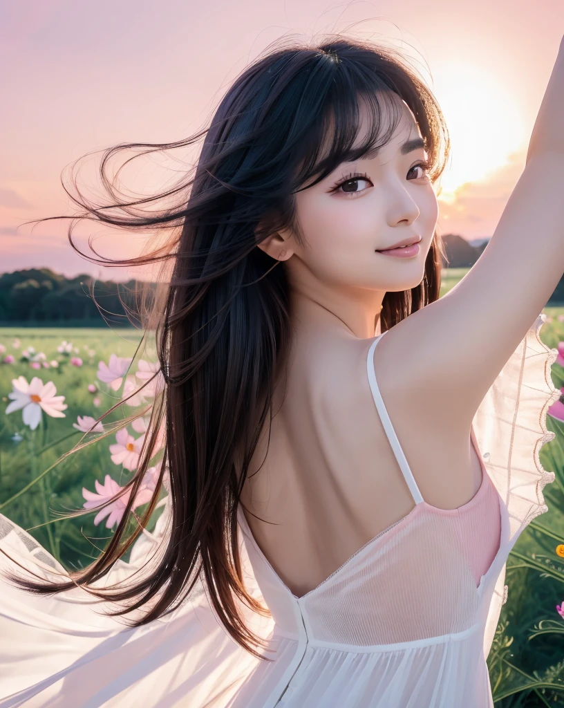 (Highest quality), (32K), (High resolution:1.5), (Masterpiece:1.5), marimo_jet, Beautiful face in every detail, god々A photograph with brilliant dazzling and healing power., Evoking a sense of calm and elusive beauty, Expressing emotions, Have a rich imagination, A flower field that stretches to the horizon, Beautiful Japanese Girls, ((Looking back:1.3)), An exceptionally beautiful face, Small Face Beauty, Perfect Human Anatomy, Magical big eyes, Motherhood and generosity, Deep Love, A fleeting smile, Shiny black hair, Beautiful long hair swaying in the wind, Asymmetrical bangs, Hair between the eyes, Transparent, soft white skin, Sharp eyebrows, Thin lashes, Natural Makeup, Cheek highlighter, Pale pink detailed lips, (White dress:1.4), ((Cosmos fields stretching to the horizon:1.3)), ((Pink Sky:1.3)), Beautifully detailed skies, ((Shining in the morning sunlight)), Professional photographer, Professional Lighting, Professional models, god秘的