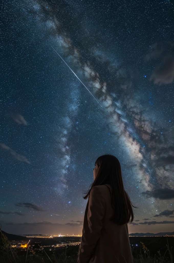 Woman looking at starry sky, shooting stars in background, night with starry sky, star gazing, scattered twinkling stars, starry night, fantastic landscape