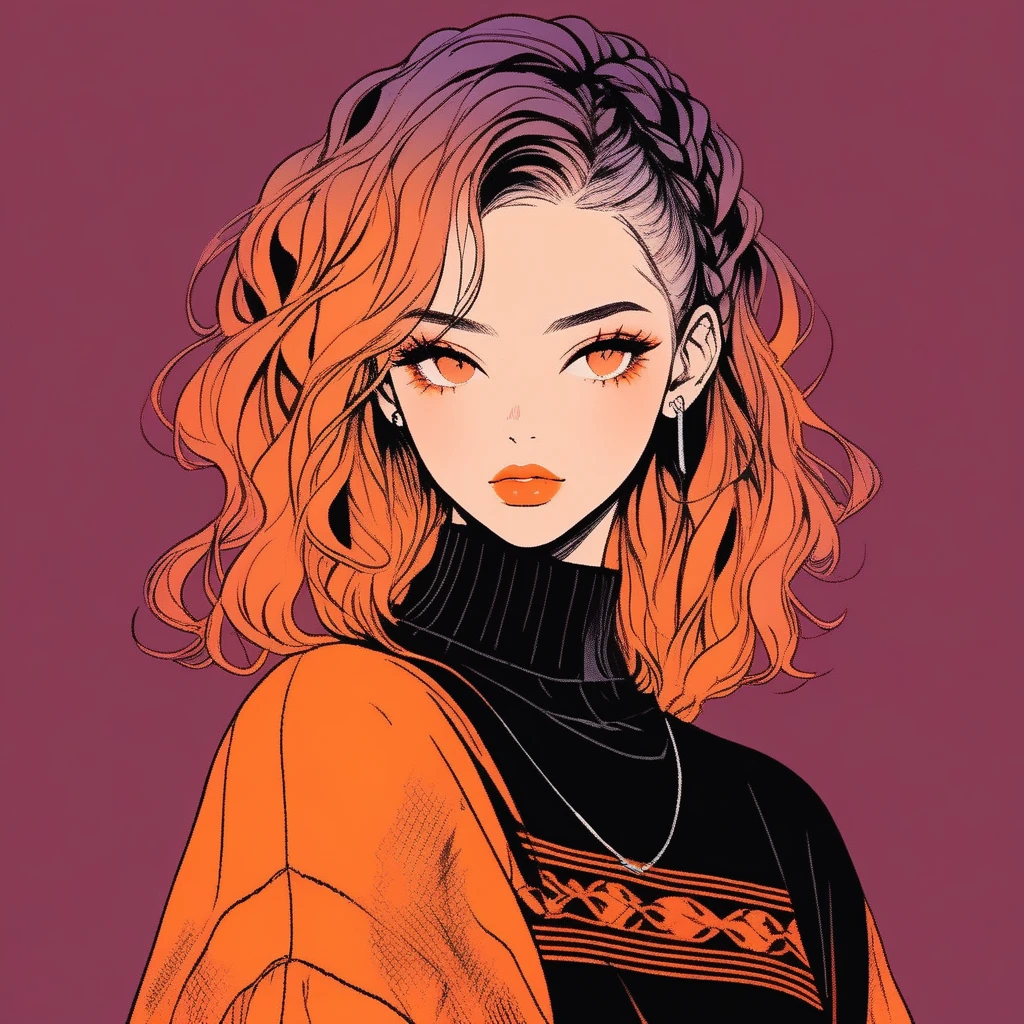 (Highest quality, sketch:1.2),Realistic,Illustrator,anime,1 girl, Detailed lips,sweater,custom,Orange gradient background, Neon Hair, Braid, Texture Cropping, masterpiece, Style: Retro Classic, Dark Black