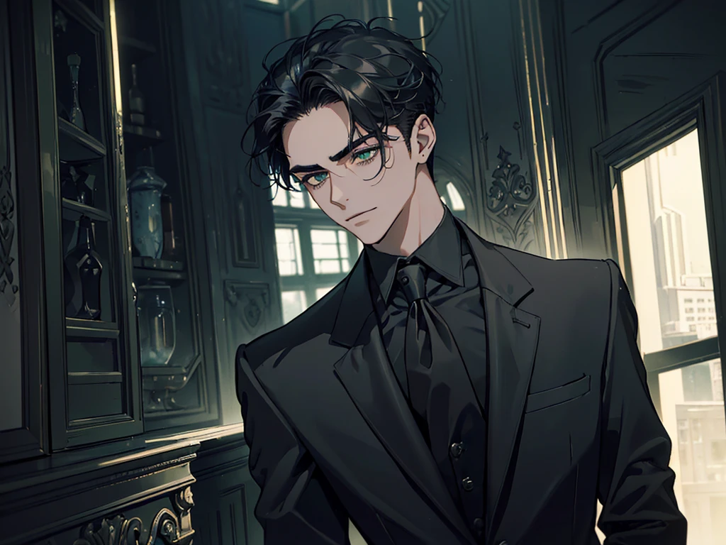 ((One young man with a black suit and tie)), alejandro, (((one side swept dark short neat hair))), ( green eyes and thick eyebrows), ((20 years old)), ((masterpiece)), ((cinematic lighting)), relax look and smirk, waiting for someone