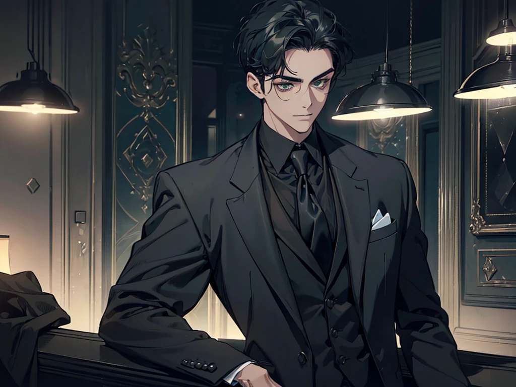 ((One young man with a black suit and tie)), alejandro, (((one side swept dark short neat hair))), ( green eyes and thick eyebrows), ((20 years old)), ((masterpiece)), ((cinematic lighting)), relax look and smirk, waiting for someone
