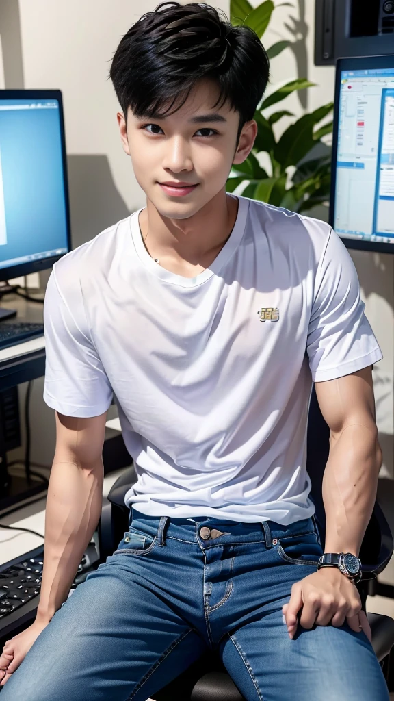 manhandsome สมจริง ธรรมชาติ เหมือนจริง , T-shirt, jeans, black short hair , outdoor , cute smile , หน้าhandsomeแบบเกาหลีสมจริง , muscle , Masterpiece、High resolution、Surreal、detailed face、alone、man、Glowing skin、(Asia)、handsome、(Sitting in the computer room:1.5)
