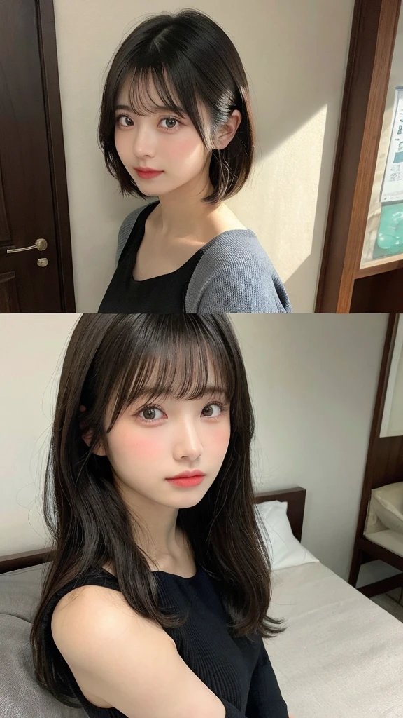 17-year-old girl、Big eyes、Brunette's eyes、Beautiful and exquisiteな顔、Perfect and beautiful double eyelids、Black natural hair、Long Hair、Shoulder-length layers、Asymmetrical bangs、Japanese Idols、バストサイズCカップ、膝まで映すアングル
