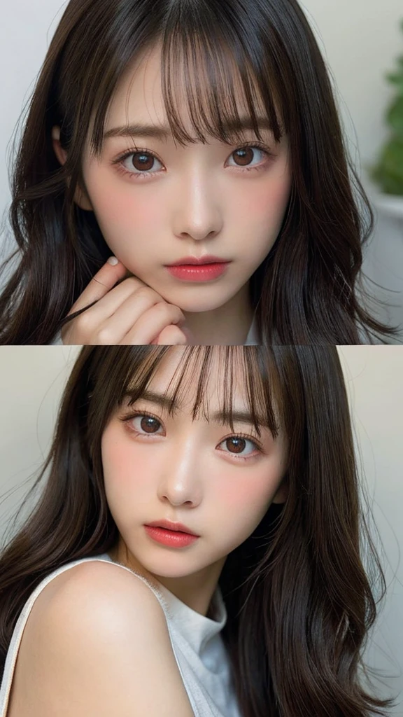 、Big eyes、Brunette's eyes、Beautiful and exquisiteな顔、Perfect and beautiful double eyelids、Black natural hair、Long Hair、Shoulder-length layers、Asymmetrical bangs、Japanese Idols、バストサイズCカップ、膝まで映すアングル