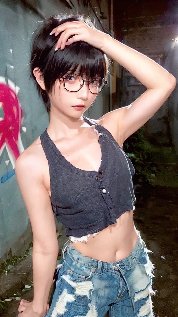 raw photo, 8k, (top-quality), Realistic, (real picture, Intricate details), (natural skin texture, detailed skin, hyper realism, sharpness), (Japanese teenage girl standing in a dirty back alley at night, graffitied wall:1.3, hand on head, armpits exposed), ((white tight tank top, Distressed denim pants, low rise baggy pants)), (((flat chest:1.5))) , (pale skin), ((shorthair, short bangs)), (glasses, seductive face, Parted lips:1.3), thigh, graffiti:1.5, trash can, night time, spot lighting:1.3, Full body shot