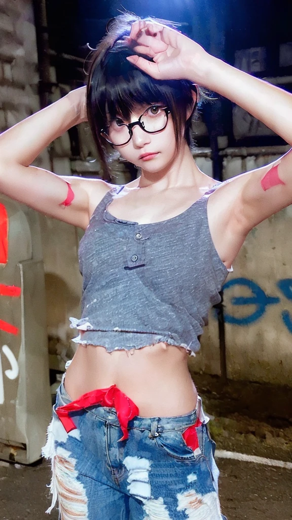 raw photo, 8k, (top-quality), Realistic, (real picture, Intricate details), (natural skin texture, detailed skin, hyper realism, sharpness), (Japanese teenage girl standing in a dirty back alley at night, graffitied wall:1.3, hand on head, armpits exposed), ((white tight tank top, Distressed denim pants, low rise baggy pants)), (((flat chest:1.5))) , (pale skin), ((shorthair, short bangs)), (glasses, seductive face, Parted lips:1.3), thigh, graffiti:1.5, trash can, night time, spot lighting:1.3, Full body shot