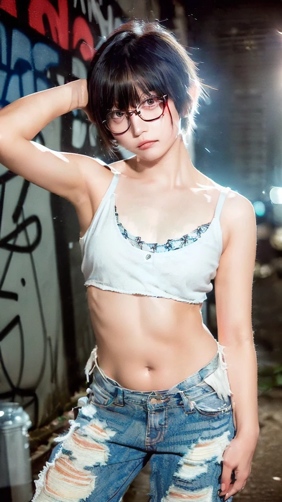 raw photo, 8k, (top-quality), Realistic, (real picture, Intricate details), (natural skin texture, detailed skin, hyper realism, sharpness), (Japanese age girl standing in a dirty back alley at night, graffitied wall:1.3, hand on head, armpits exposed), ((white tight tank top, Distressed denim pants, low rise baggy pants)), (((flat chest:1.5))) , (pale skin), ((shorthair, short bangs)), (glasses, seductive face, Parted lips:1.3), thigh, graffiti:1.5, trash can, night time, spot lighting:1.3, Full body shot