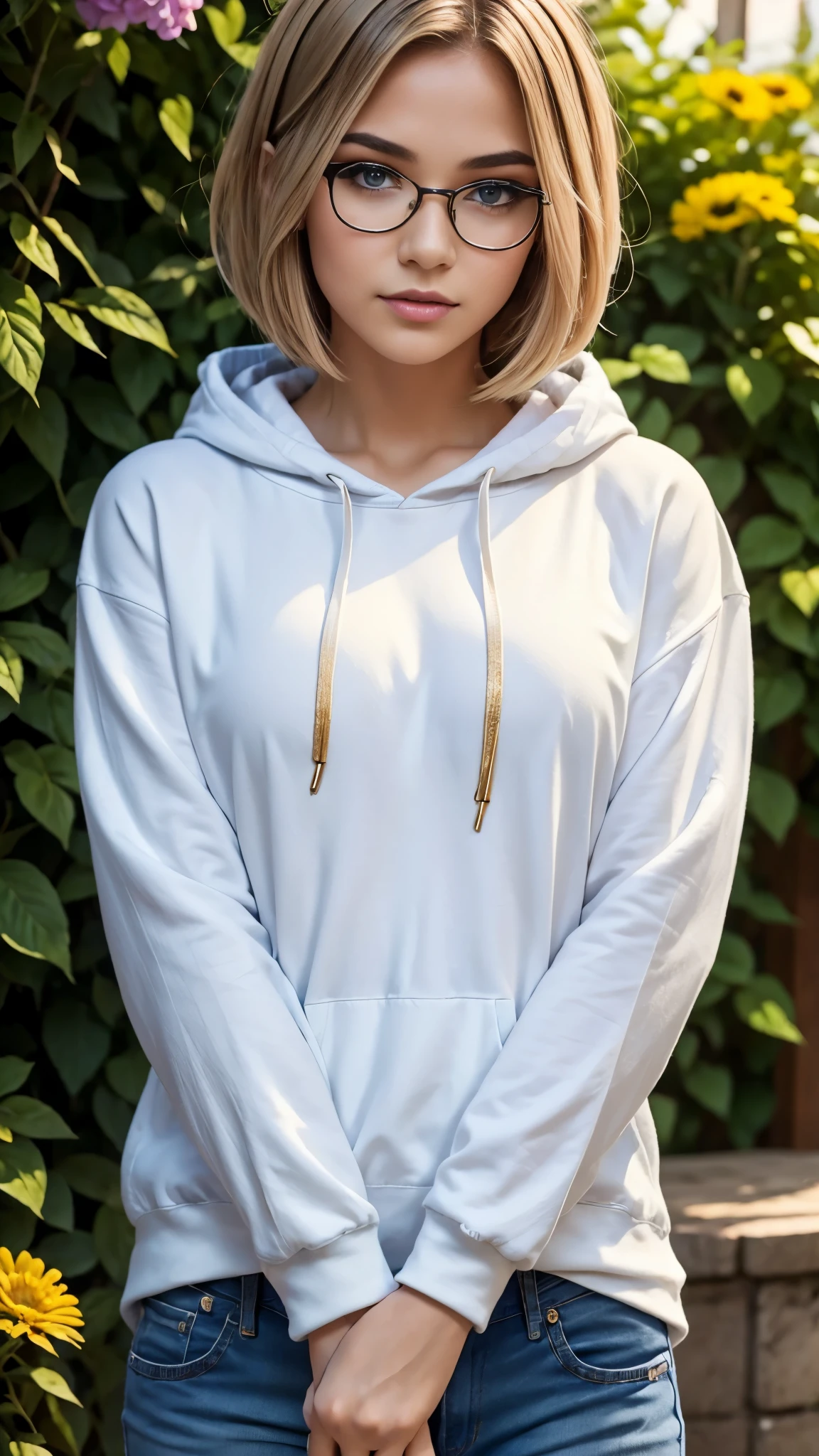 18 year old beautiful girl, masterpiece, best quality, 8K animation, detailed fingers, precise fingers, not unnatural hands, illustration, 1 girl, solo, blonde bob cut, gold crown, reading glasses, flower hair ornament, sagging eyes, white jeans, and a hoodie YUI