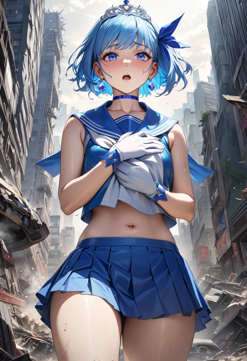 suffer,close ~ eye,Open your mouth,Flushing,masterpiece, Highest quality, High resolution, Venus 1, One Girl, alone, Sailor Warrior Uniforms, Sailor Mercury, Mizuno Ami, Blue Hair, Magical girl, blue eye, Blue Skirt, - Elbow hand pockets, tiara, Pleated skirt, Hair Ribbon, Blue sailor collar, mini skirt, choker, blue choker, White gloves, short hair,  jewelry,  Earrings, Cowboy Shot,More detailed 8K.Unreal Engine:1.4,超High resolution,La Highest quality:1.4, Realistic:1.4, Skin Texture:1.4, masterpiece:1.8,first work, Highest quality,Object Object], (Detailed facial features:1.3),(Great hands:1.4),(Apocalyptic destroyed cityscape:1.4)