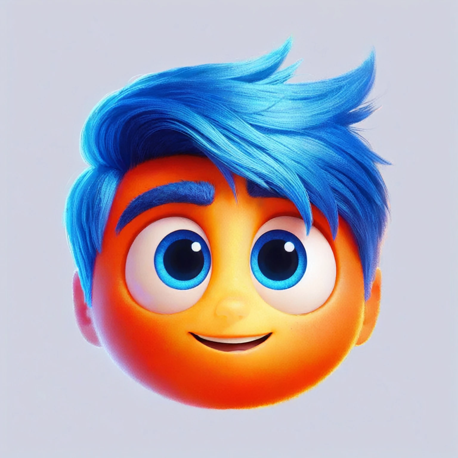 um close de um emoticor de desenho animado com cabelo azul, design de personagens fofos da pixar, personagem fofo da pixar, retrato pixar foto 8k, coleção de emojis de arte digital, no estilo da Disney Pixar, retratado como um personagem da Pixar, estilo de arte pixar, no estilo da Pixar, Estilo Pixar de Animação, personagem ideal da pixar, pixar artstyle, Estilizado 3D, estilo de desenho animado da pixar, Create an animated male character named Mirabolado, inspired by Disney's 'Inside Out.' He should have vibrant light orange skin and blue hair like Joy's. His shape should be rounded and dynamic, with large, expressive eyes and a friendly, inspiring smile. He should emit a soft light to symbolize creativity and have a whimsical, non-human appearance. Use casual clothing and include whimsical elements like floating stars and sparkles to enhance his creative nature.