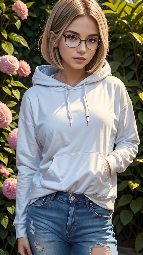 18 year old beautiful girl, masterpiece, best quality, 8K animation, detailed fingers, precise fingers, not unnatural hands, illustration, 1 girl, solo, blonde bob cut, gold crown, reading glasses, flower hair ornament, sagging eyes, ((white jeans)), and a hoodie YUI