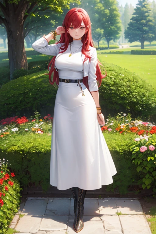 ((masterpiece, best quality, ultra-detailed)), 1girl, beautiful woman, white leather jacket, necklace, bracelet, black midi skirt, boots, full body, red hair, tree, leaves, summer, garden, hand on hip
