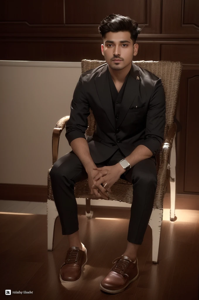 there is a man sitting in a chair with his hands crossed, full body photogenic shot, inspired by Bikash Bhattacharjee, khyzyl saleem, with a cool pose, full body photograph, inspired by Saurabh Jethani, mohamed chahin style, profile image, profile pic, full body portrait shot, kyza saleem, mohamed chahin