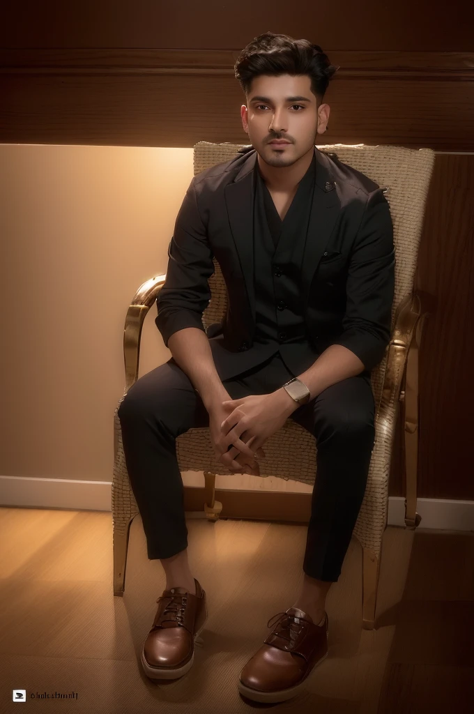 there is a man sitting in a chair with his hands crossed, full body photogenic shot, inspired by Bikash Bhattacharjee, khyzyl saleem, with a cool pose, full body photograph, inspired by Saurabh Jethani, mohamed chahin style, profile image, profile pic, full body portrait shot, kyza saleem, mohamed chahin