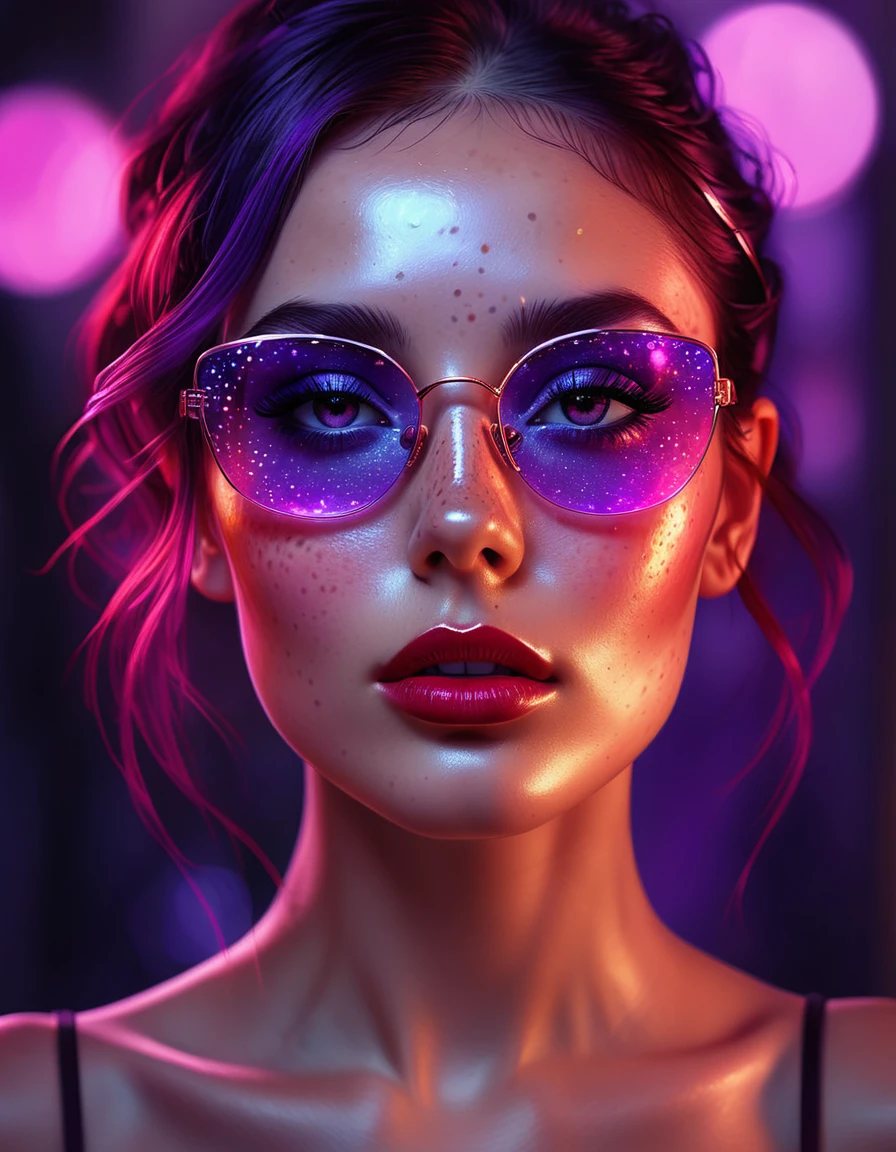 A full head image of a woman adorned with freckles and a glass shades, featuring beautiful digital artwork with red glowing skin, realistic digital art in 4K, seductive glowing sleepy purple eyes, and an 8K resolution. This stunning digital illustration showcases a glossy digital painting technique, a face aglow with an purple hue, complemented by an Artgerm bokeh effect, and a radiant red and purple glow.