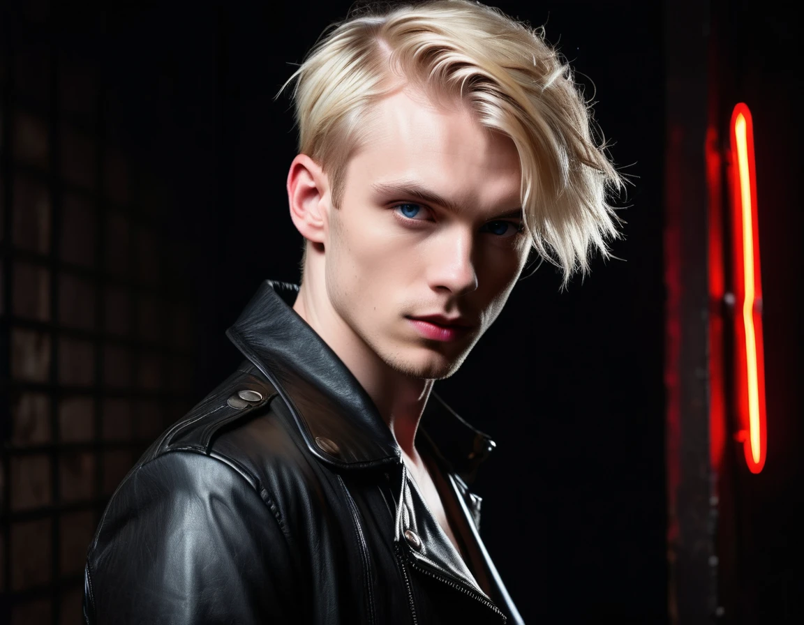 Hyper realistic, dark vibes, solo, young man, facing camera, 21 years, pale skin, model (skinny:1.2), blue eyes, (short ivy league textured blond hair:1.2), long side swept fringe, black leather jacket, holding sharp knife, dark lighting, background (night BDSM club:1.2), foreboding, sexy, attractive, demon, incubus, evil, dark, sadistic expression (smirk:1.1), (red neon sign that says "CONTEXT":1.1)