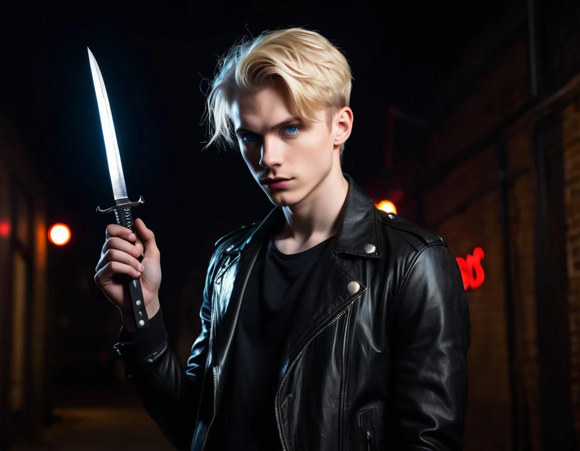 Hyper realistic, dark vibes, solo, young man, facing camera, 21 years, pale skin, model (skinny:1.2), blue eyes, (short ivy league textured blond hair:1.2), long side swept fringe, black leather jacket, holding sharp knife, dark lighting, background (night BDSM club:1.2), foreboding, sexy, attractive, demon, incubus, evil, dark, sadistic expression (smirk:1.1), (red neon sign that says "CONTEXT":1.1)