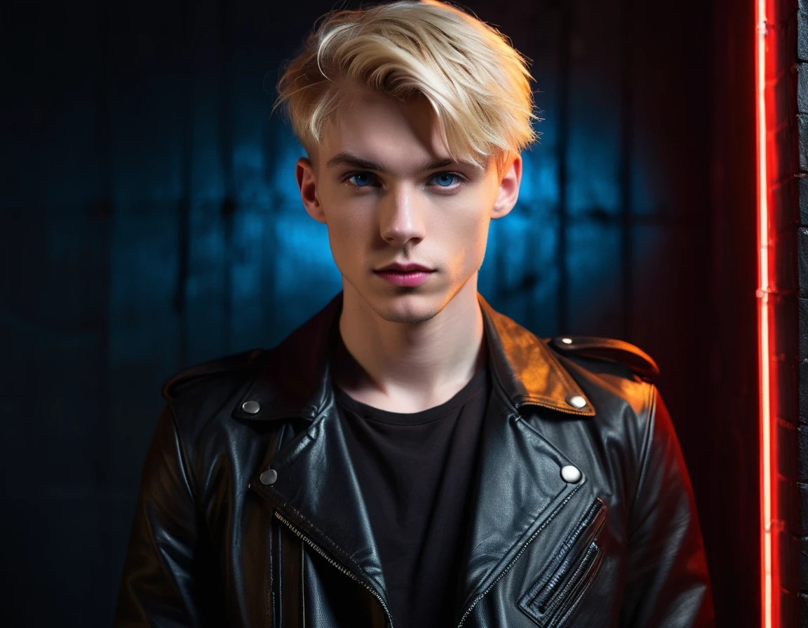 Hyper realistic, dark vibes, solo, young man, facing camera, 21 years, pale skin, model (skinny:1.2), blue eyes, (short ivy league textured blond hair:1.2), long side swept fringe, black leather jacket, holding sharp knife, dark lighting, background (night BDSM club:1.2), foreboding, sexy, attractive, demon, incubus, evil, dark, sadistic expression (smirk:1.1), (red neon sign that says "CONTEXT":1.1)