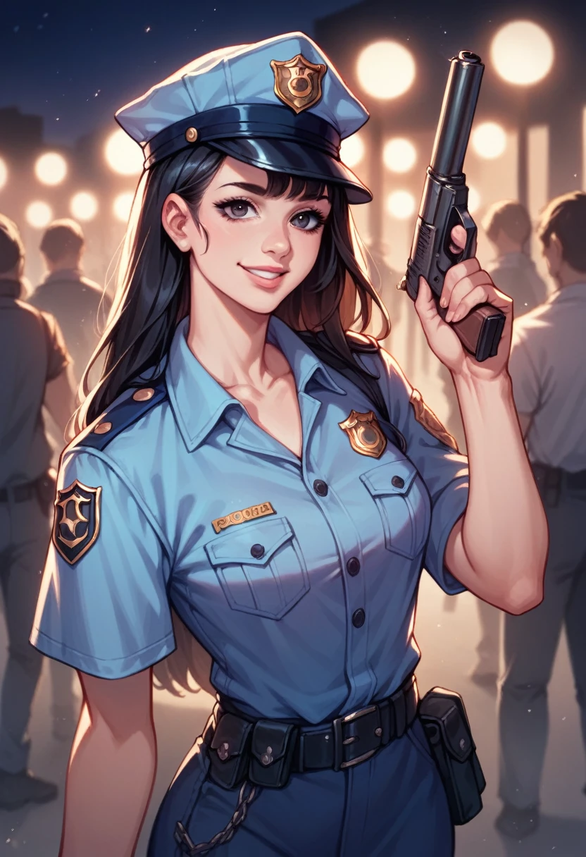 Woman, beautiful, black hair, sexy police officer in uniform, black color, night, soft light, facial details, from front, with gun, smiling, light pink lips, --Realistic Style-Imagination-