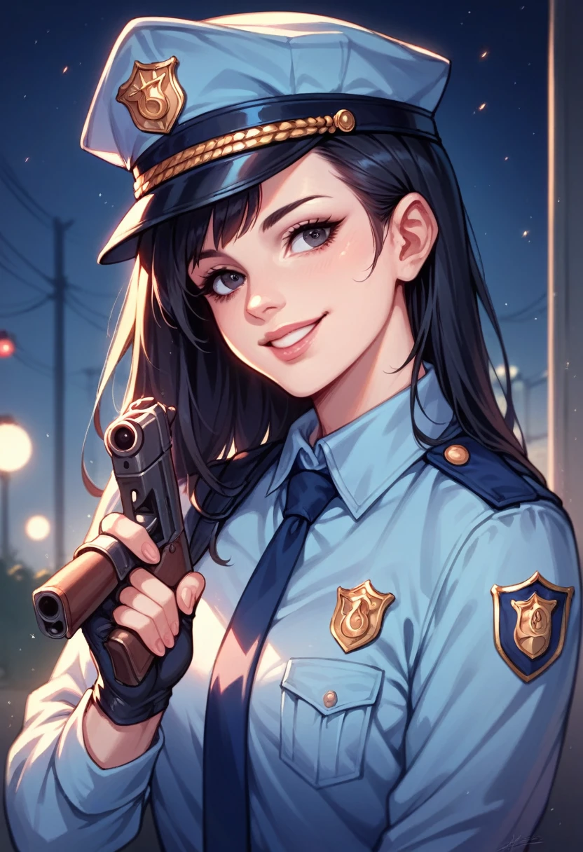 Woman, beautiful, black hair, sexy police officer in uniform, black color, night, soft light, facial details, from front, with gun, smiling, light pink lips, --Realistic Style-Imagination-