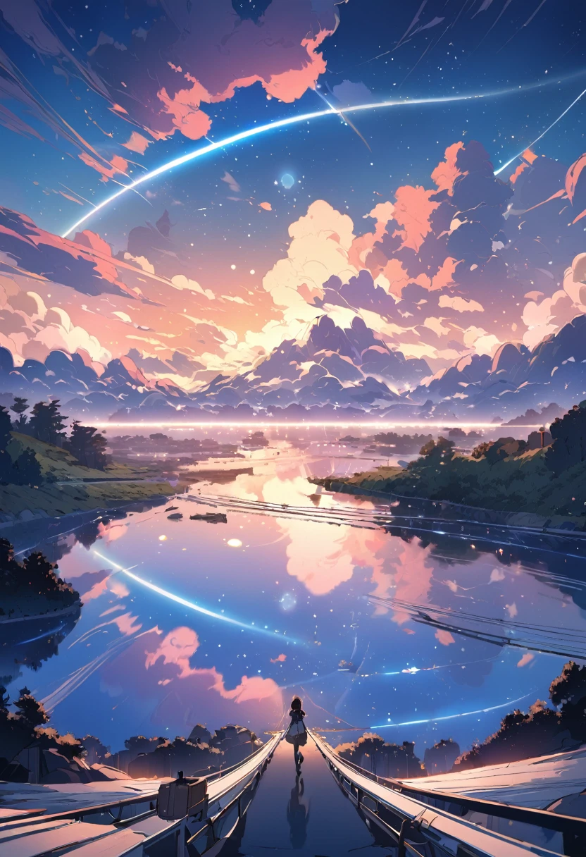 High quality masterpiece, landscape, cloud, Animated train passing through a body of water on distant tracks, Bright starry sky. Traveler, Romantic Light, Pixiv, Concept Art, Lofi Art Style, reflection. Makoto Shinkai, Roffie Art, Beautiful anime scene, アニメのlandscape, 詳細なlandscape — 幅 672, Makoto Shinkai&#39;s Style, Makoto Shinkai&#39;s Style, Enhanced Details.  