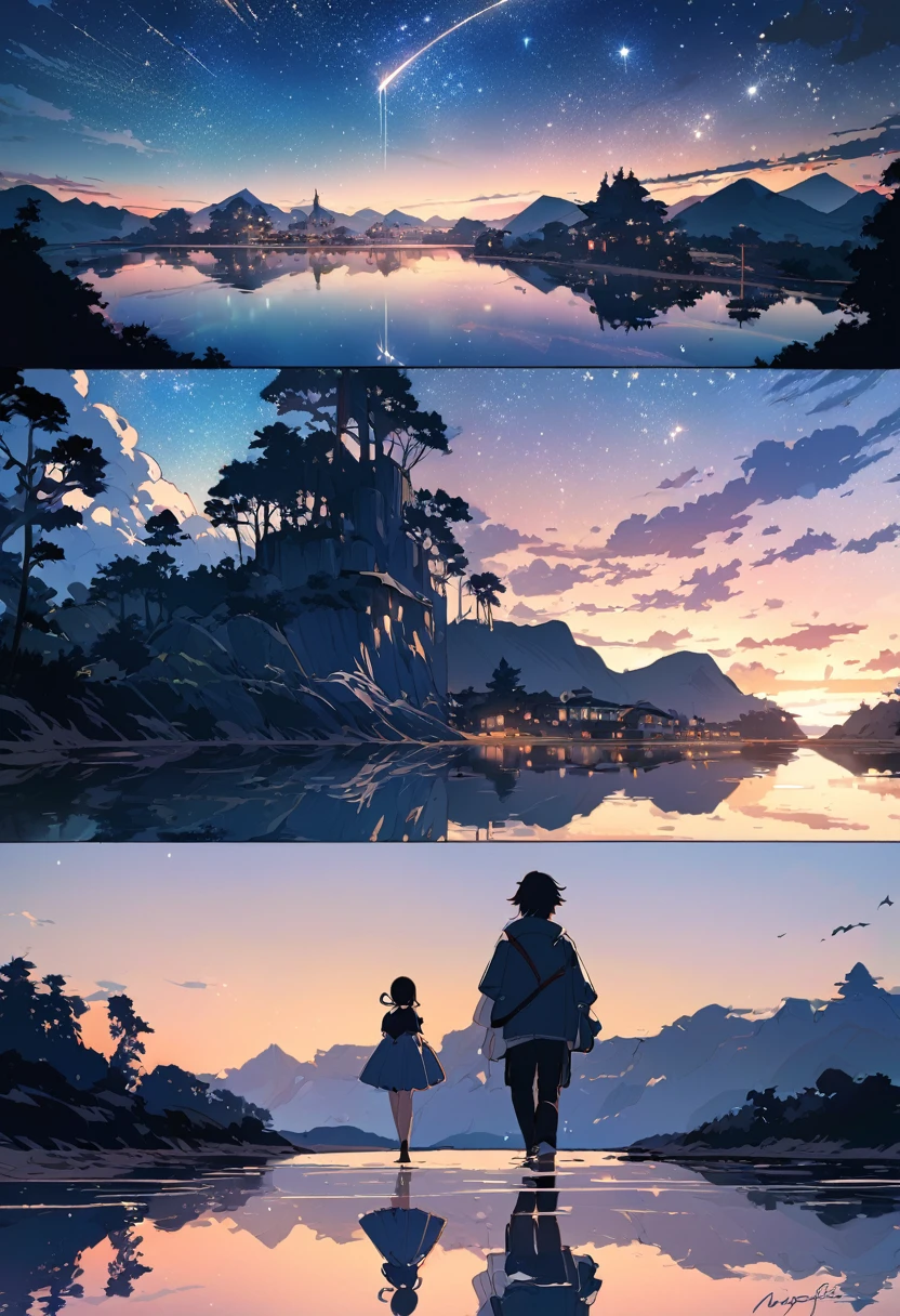 High quality masterpiece, landscape, cloud, Animated train passing through a body of water on distant tracks, Bright starry sky. Traveler, Romantic Light, Pixiv, Concept Art, Lofi Art Style, reflection. Makoto Shinkai, Roffie Art, Beautiful anime scene, アニメのlandscape, 詳細なlandscape — 幅 672, Makoto Shinkai&#39;s Style, Makoto Shinkai&#39;s Style, Enhanced Details.  