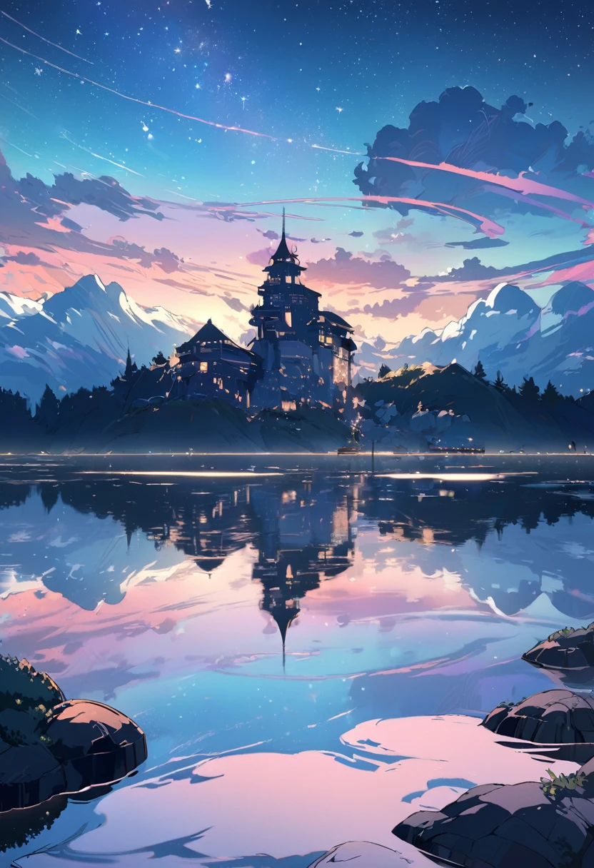 High quality masterpiece, landscape, cloud, Animated train passing through a body of water on distant tracks, Bright starry sky. Traveler, Romantic Light, Pixiv, Concept Art, Lofi Art Style, reflection. Makoto Shinkai, Roffie Art, Beautiful anime scene, アニメのlandscape, 詳細なlandscape — 幅 672, Makoto Shinkai's Style, Makoto Shinkai's Style, Enhanced Details.