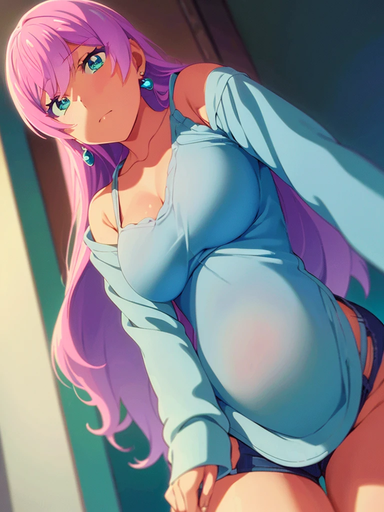 1 girl, alone, Akari Watanabe, long hair, blue eyes, pink hair, thin, earrings, tight titan shirt, white shirt, cleavage, short denim shorts, blue shorts, bare legs, full length, big breasts, waist medium, wide hips, wide thighs, round butt, walking on the street,evening,good lighting,(Masterpiece: 1.2), Best quality, High resolution, 8K wallpaper unit, (art: 0.8), (beautiful eyes detailed: 1.6), Extremely detailed face, facing the viewer, from the front (from below), Perfect lighting, Extremely detailed CG (Perfect hands, Perfect anatomy), pregnant 