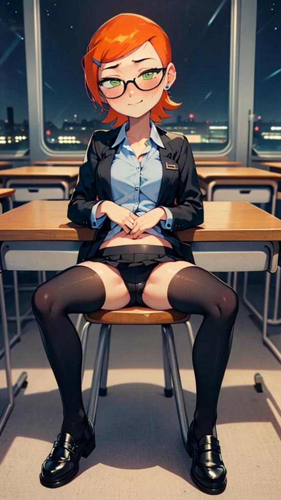 1 girl, masterpiece, best quality, highres, ro1, Misty from pokemon, green eyes, half-closed eyes, spectacles), a come-hither face, smirk , parted lips, nose blush, blush, facing viewer, looking at viewer, solo, business suits, business jacket, black jacket, white y-shirts(buttons), pleats skirt, black leather skirt, black leather thighhighs, in the classroom, night time, sitting, sitting on desk, spread legs, black silk panties, come-on, lure, Sexy waist teasing, , from_below , full body, soft breasts, unbuttoned shirt, belly exposed